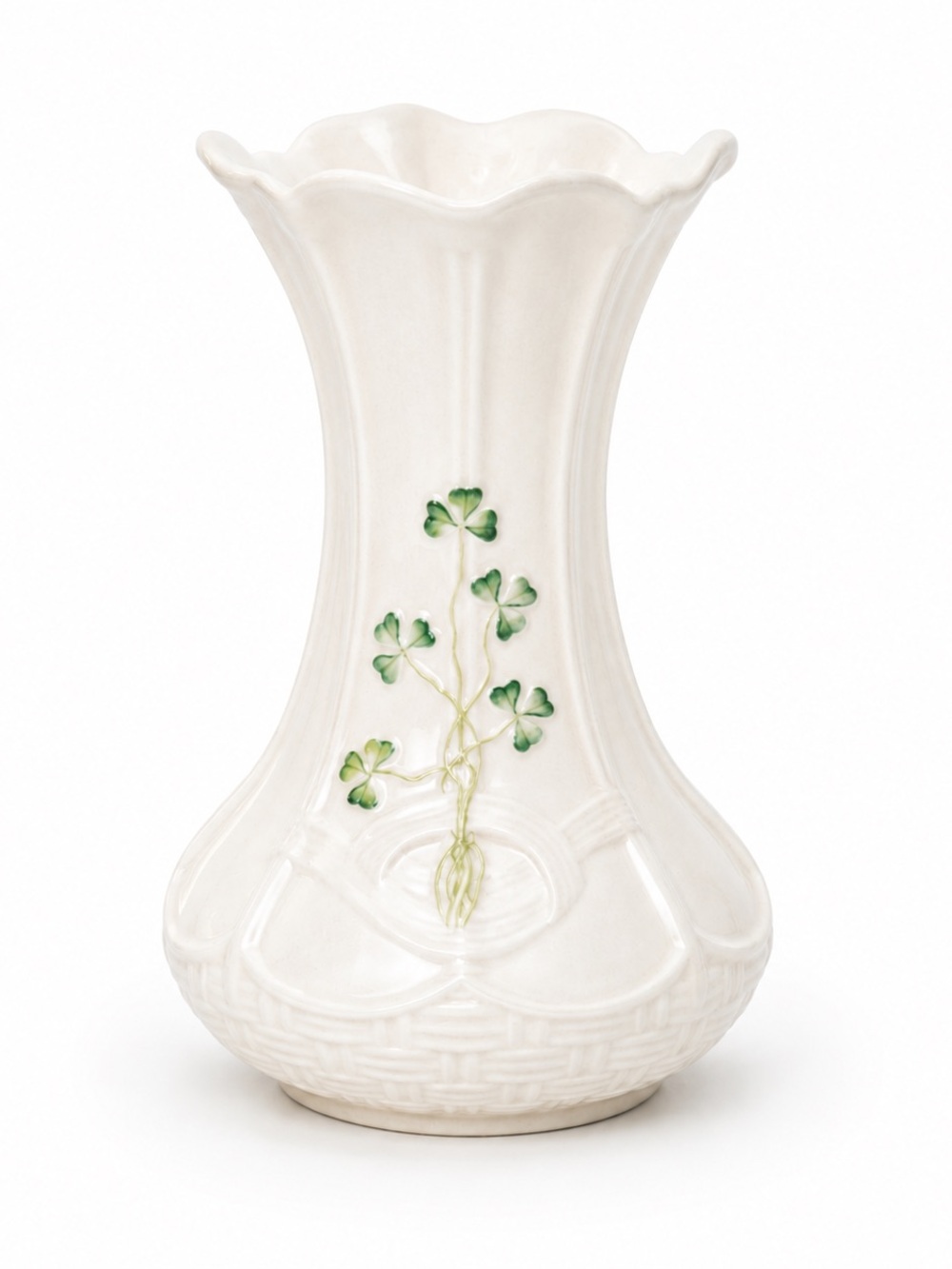 Vintage Belleek Ireland Strangford Shamrock Vase Basketweave Ivory Porcelain
